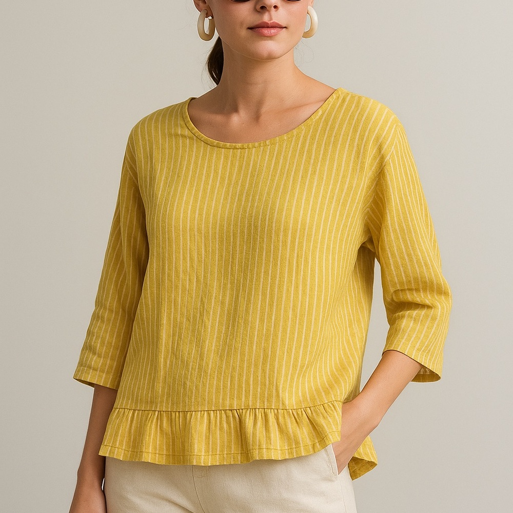 Lungo L'Arno Linen Mustard Blouse Women’s S Peplum Hem Pinstripe Coastal Momcore